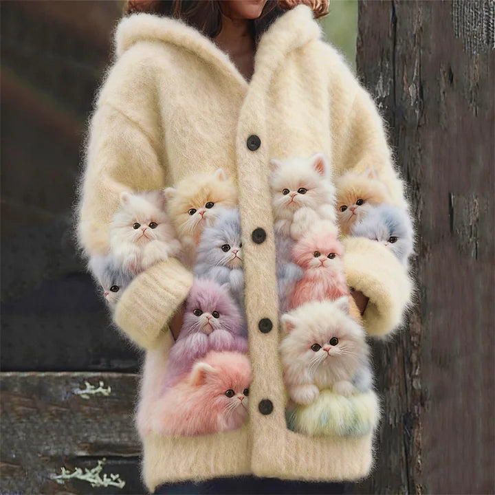 Kelsie - Fluffy Hooded Cardigan with Cats