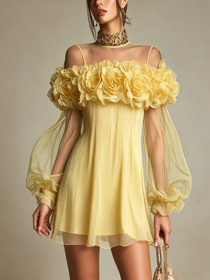 Liziana - Pleated Mini Dress With 3D Floral Embellishments