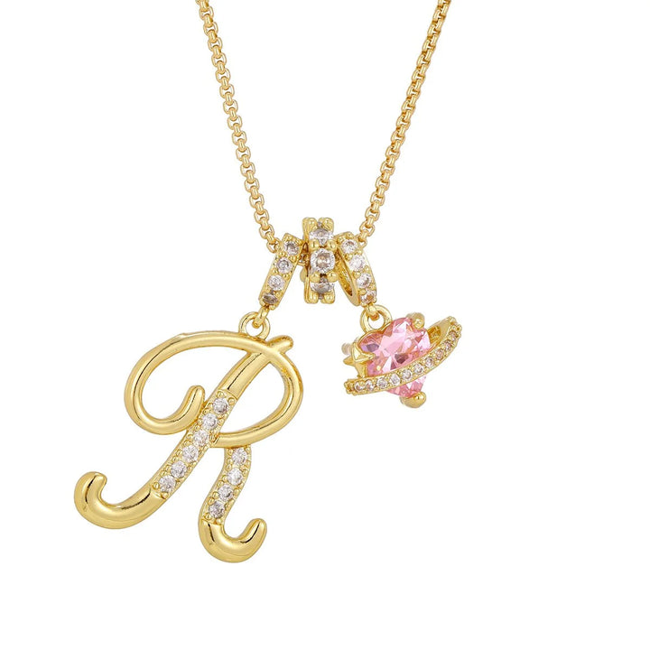 Nerute - Initial Letter Necklace With Pink Heart Charm