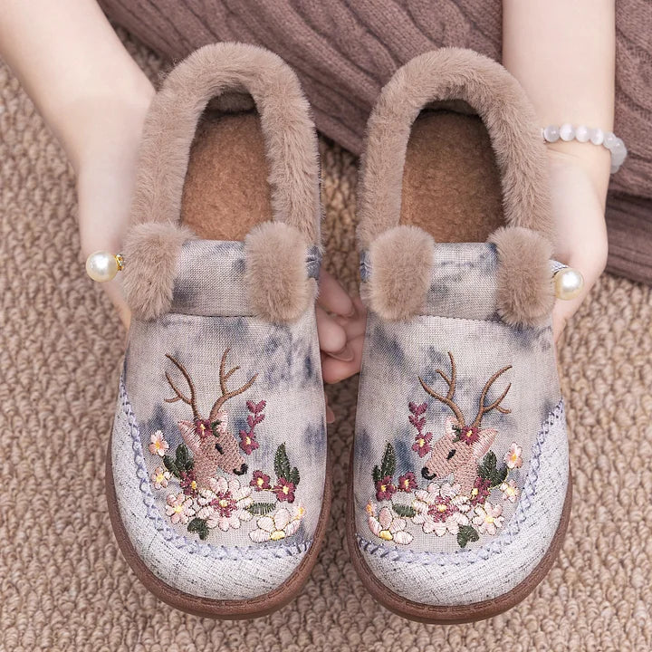 Alece - Retro Embroidered Deer Faux Fur Slippers