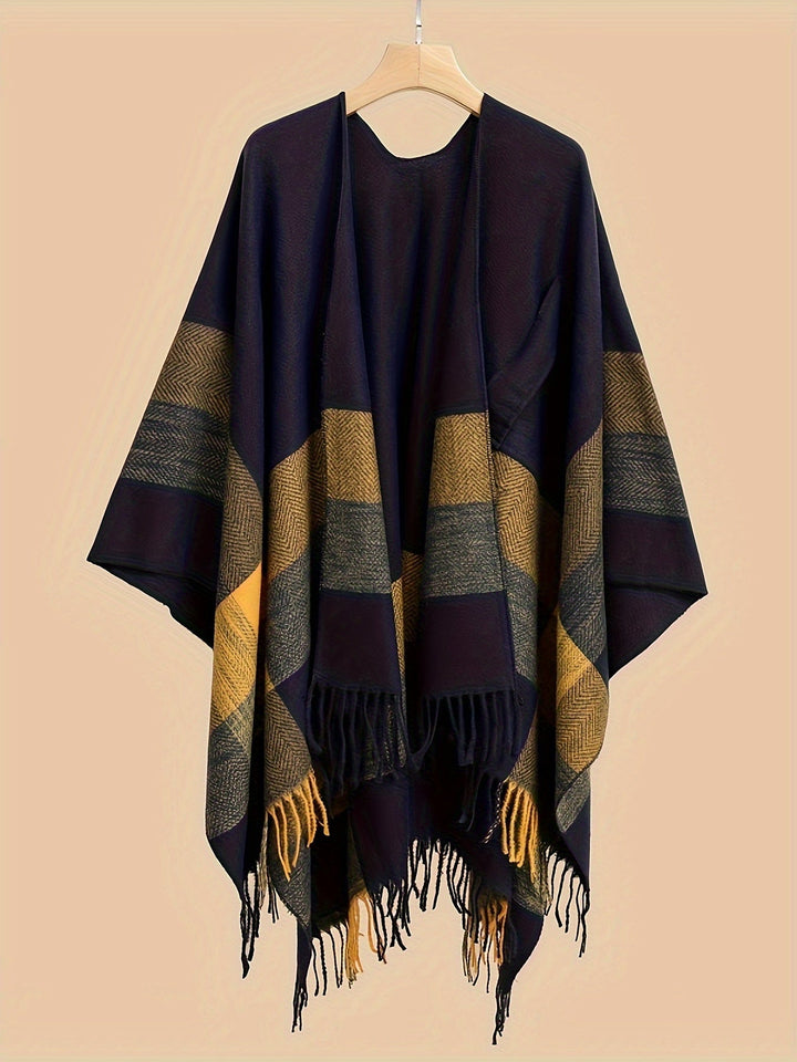 Lirelle - Geometric Pattern Fringed Poncho Shawl Wrap