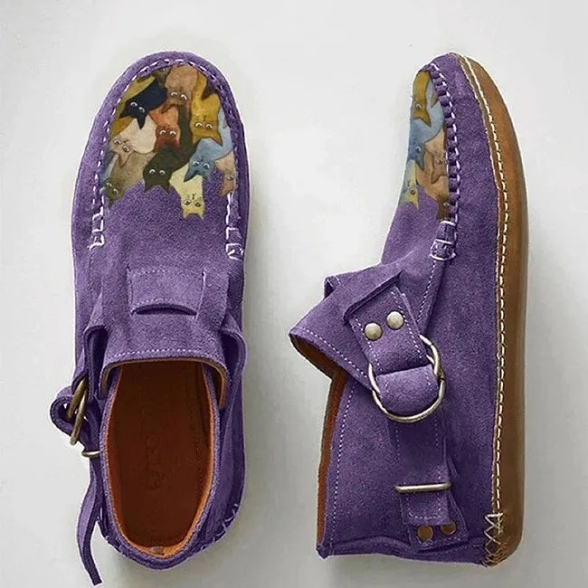 Corelle - Cat Print Flat Ankle Boots with Buckle