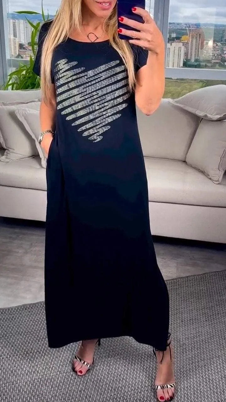 Enija - Casual Round Neck Dress With Silver Heart Print