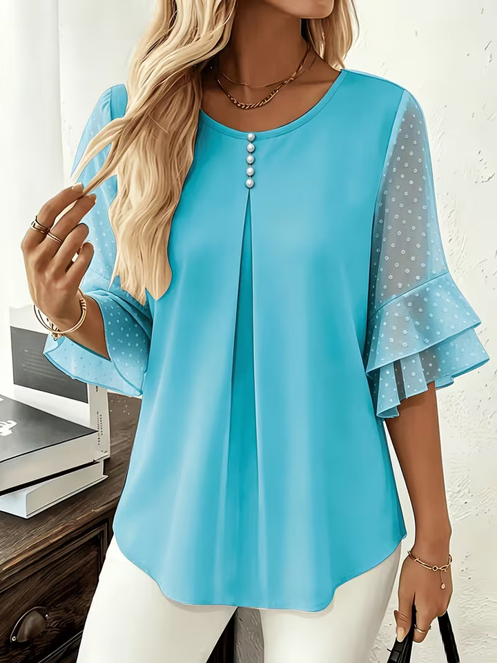 Hurley - Round Neck Blouse With Sheer Ruffle Sleeves