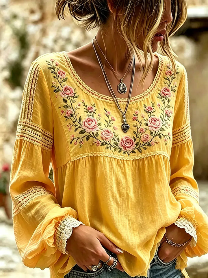 Esraa - Linen Blouse With Embroidered Floral Neck