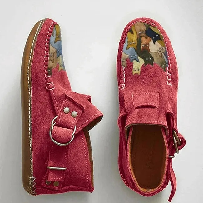 Corelle - Cat Print Flat Ankle Boots with Buckle