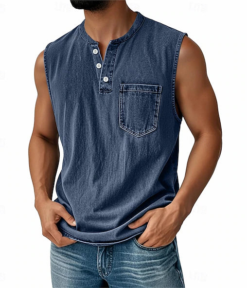 Latrell - Sleeveless Henley Tank With Pocket