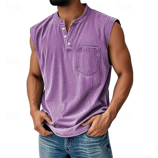 Latrell - Sleeveless Henley Tank With Pocket