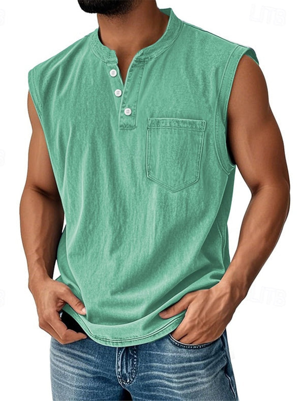 Latrell - Sleeveless Henley Tank With Pocket