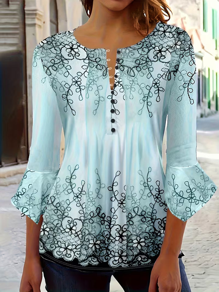 Mesley - Floral Print Ruffle Trim Half Sleeve Blouse