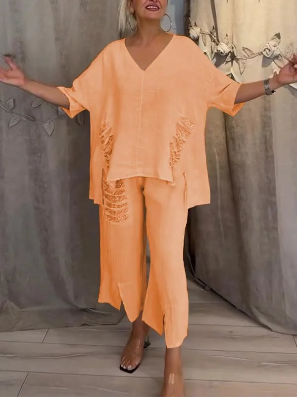 Himashi - Stylish Two Piece Cotton And Linen Suit With V-Neck