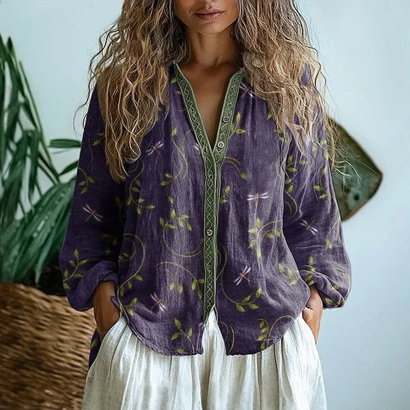 Ereinaa - Elegant Vintage Leaf Print Shirt