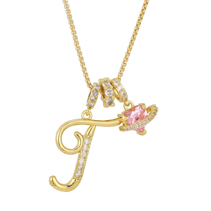 Nerute - Initial Letter Necklace With Pink Heart Charm
