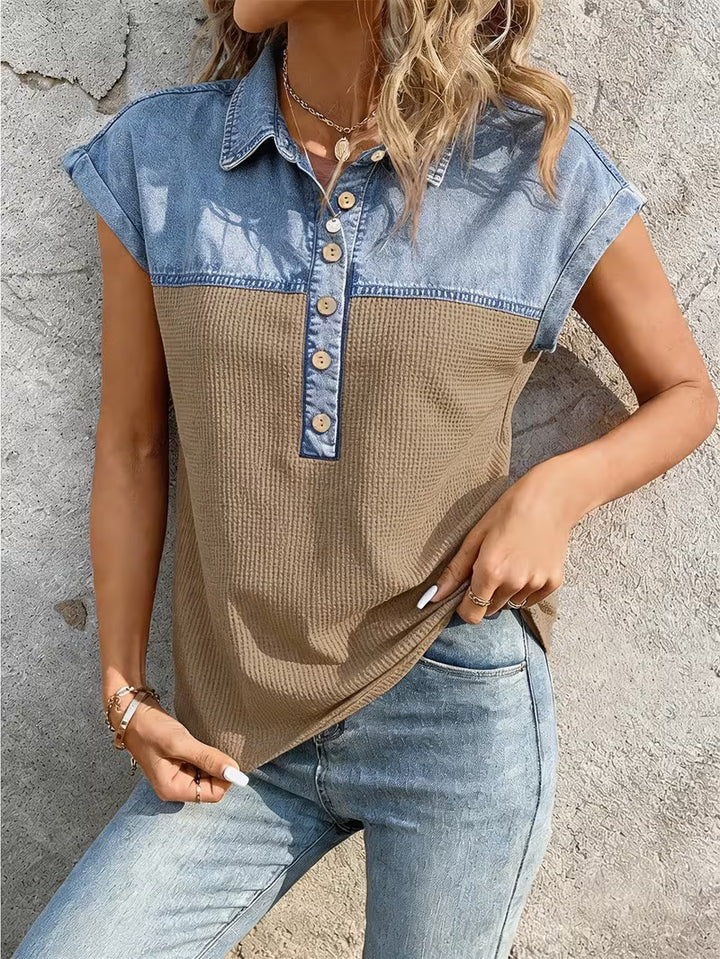 Haily - Casual Denim Patchwork Collar Top With Short Sleeve