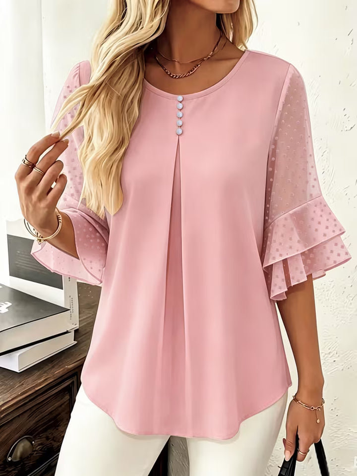 Hurley - Round Neck Blouse With Sheer Ruffle Sleeves