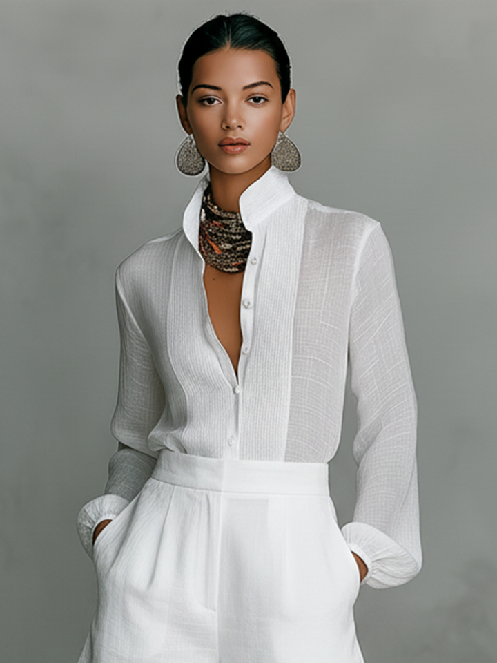 Renna - Button-Up Mandarin Collar Shirt and Shorts Set