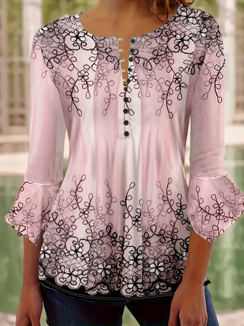 Mesley - Floral Print Ruffle Trim Half Sleeve Blouse