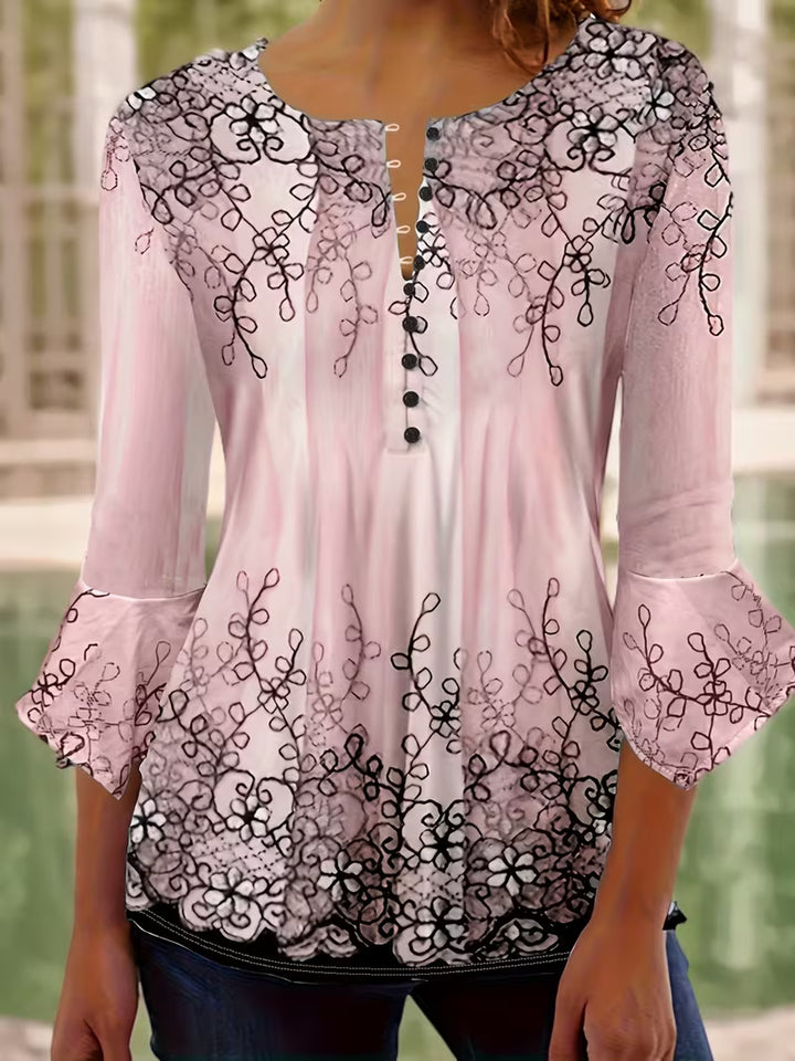 Mesley - Floral Print Ruffle Trim Half Sleeve Blouse
