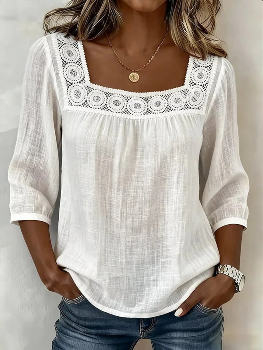 Nozomi - Square Neck Lace Patchwork Blouse