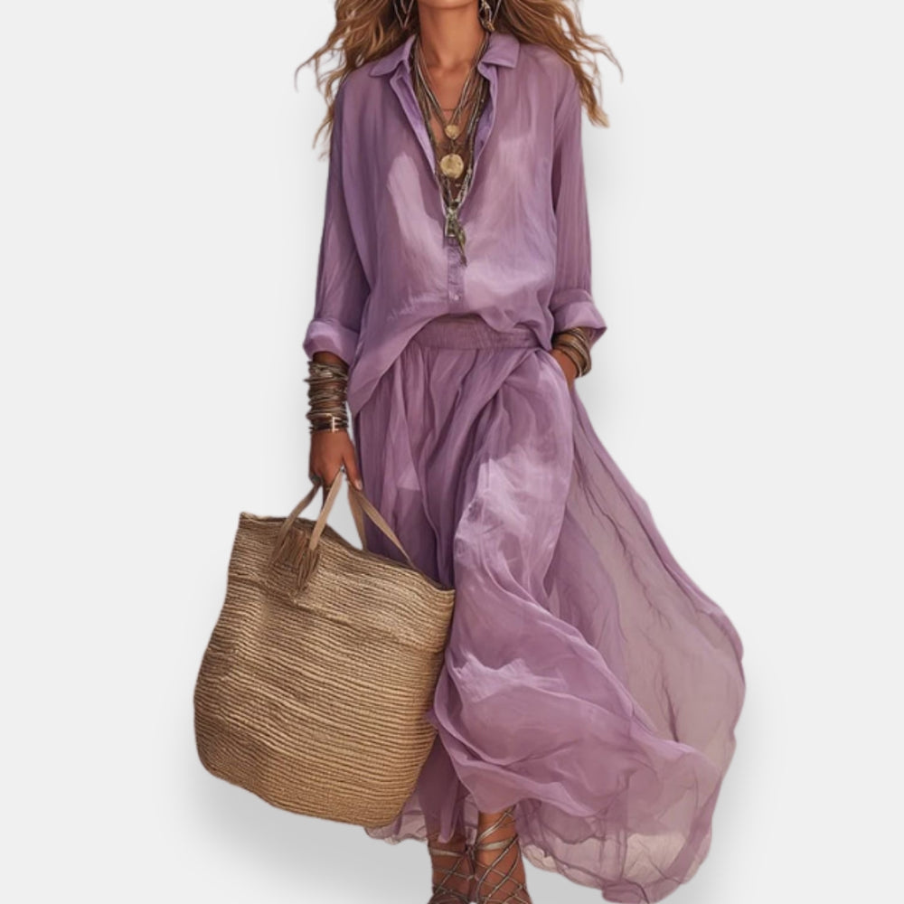 Luena - Shirt And Long Pleated Skirt Set