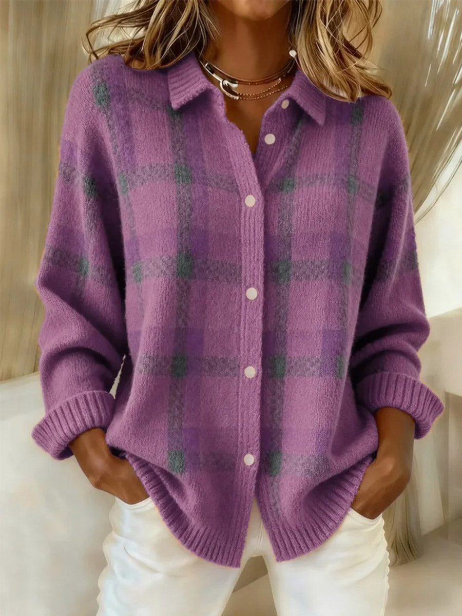 Rheaarora - Plaid Button-Up Knit Cardigan