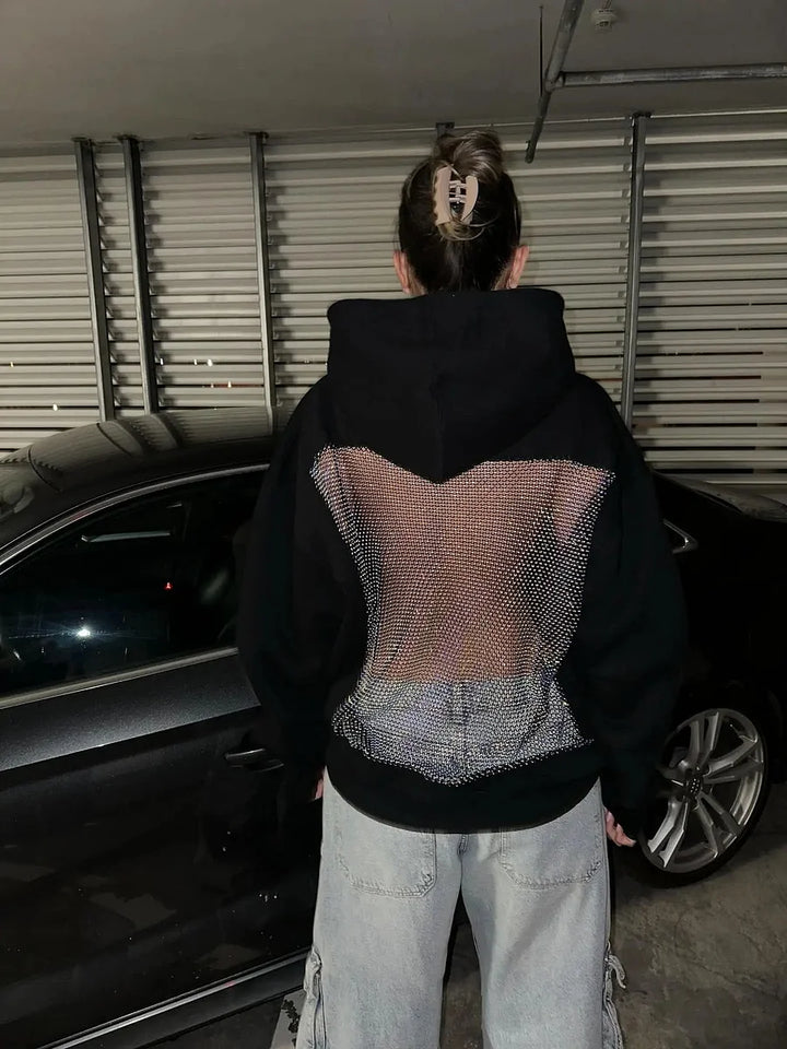 Yasmina - Backless Mesh Glitter Hoodie