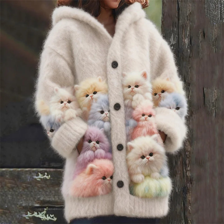 Kelsie - Fluffy Hooded Cardigan with Cats