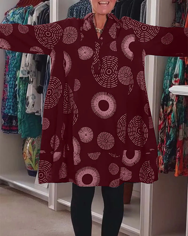 Marina - Long Sleeve Shirt Dress with Circular Print