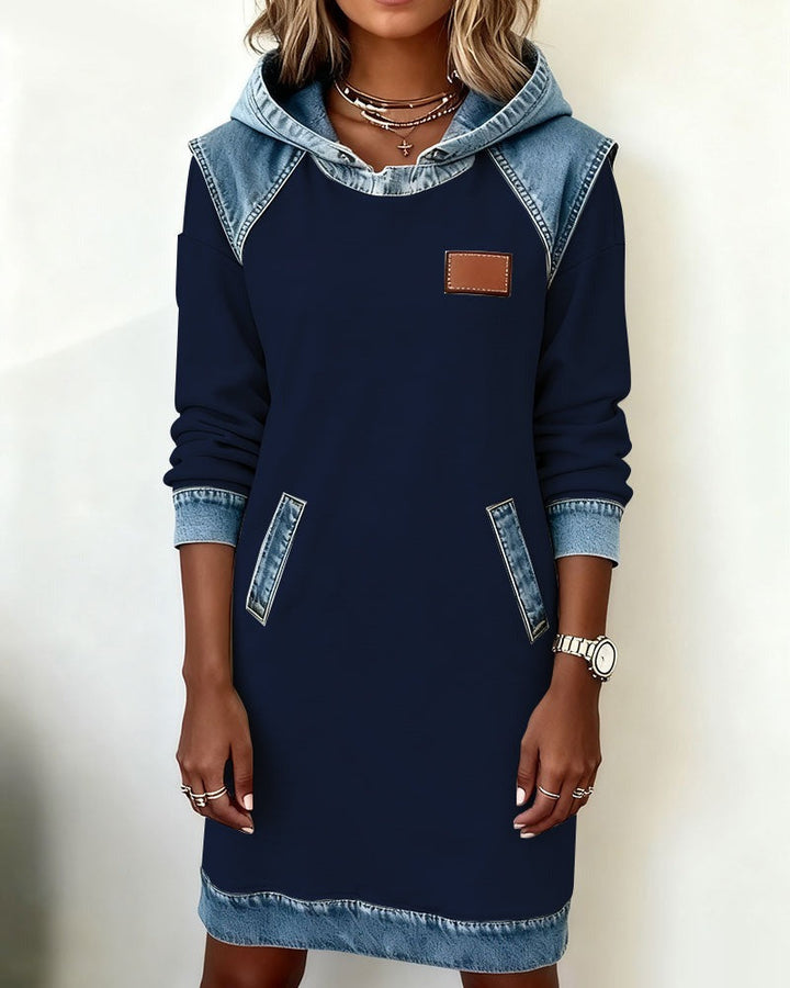 Viktoria - Casual Hooded Denim Insert Dress