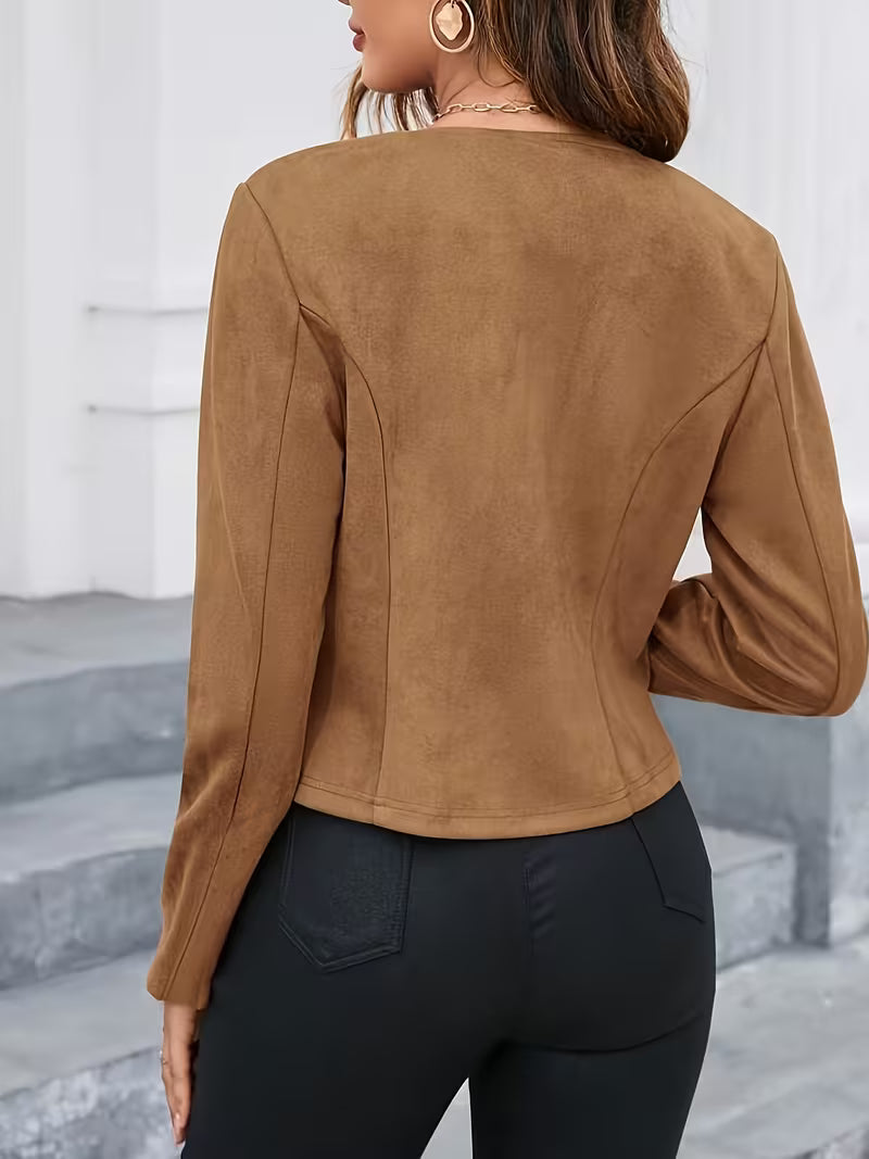 Eria - Round Neck Suede Zip-Up Jacket