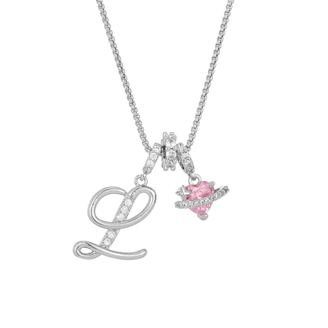 Nerute - Initial Letter Necklace With Pink Heart Charm