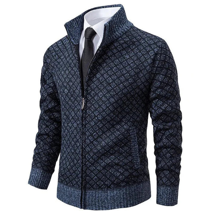 Klarik - Diamond Pattern Full-Zip Knit Cardigan