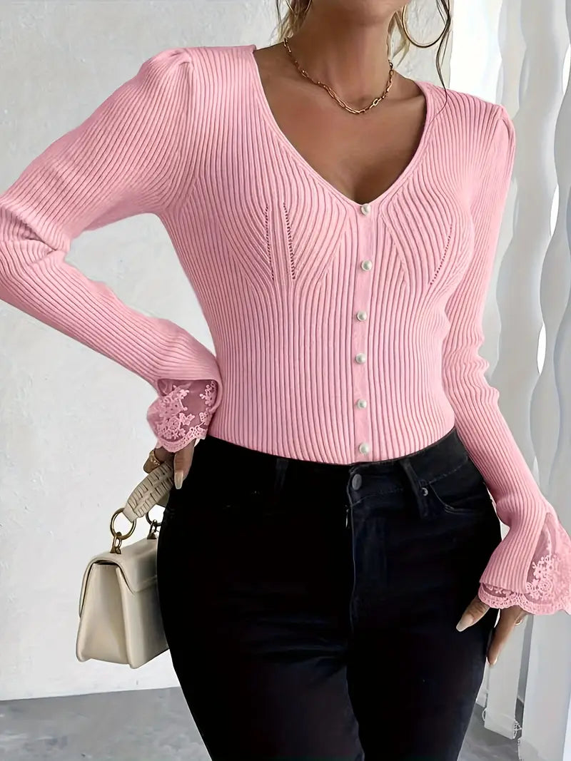 Visenna - Elegant V-Neck Sweater With Lace Sleeves