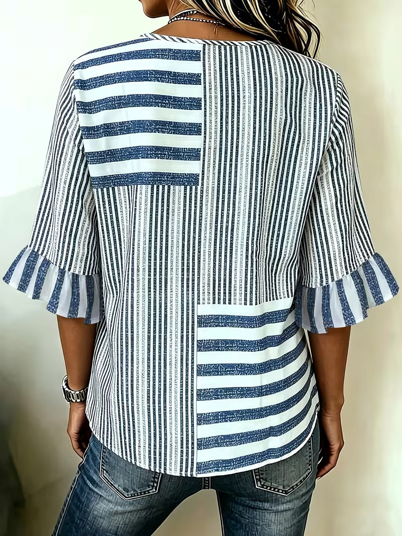 Avyra - Striped Patchwork Ruffle Sleeve Button Top
