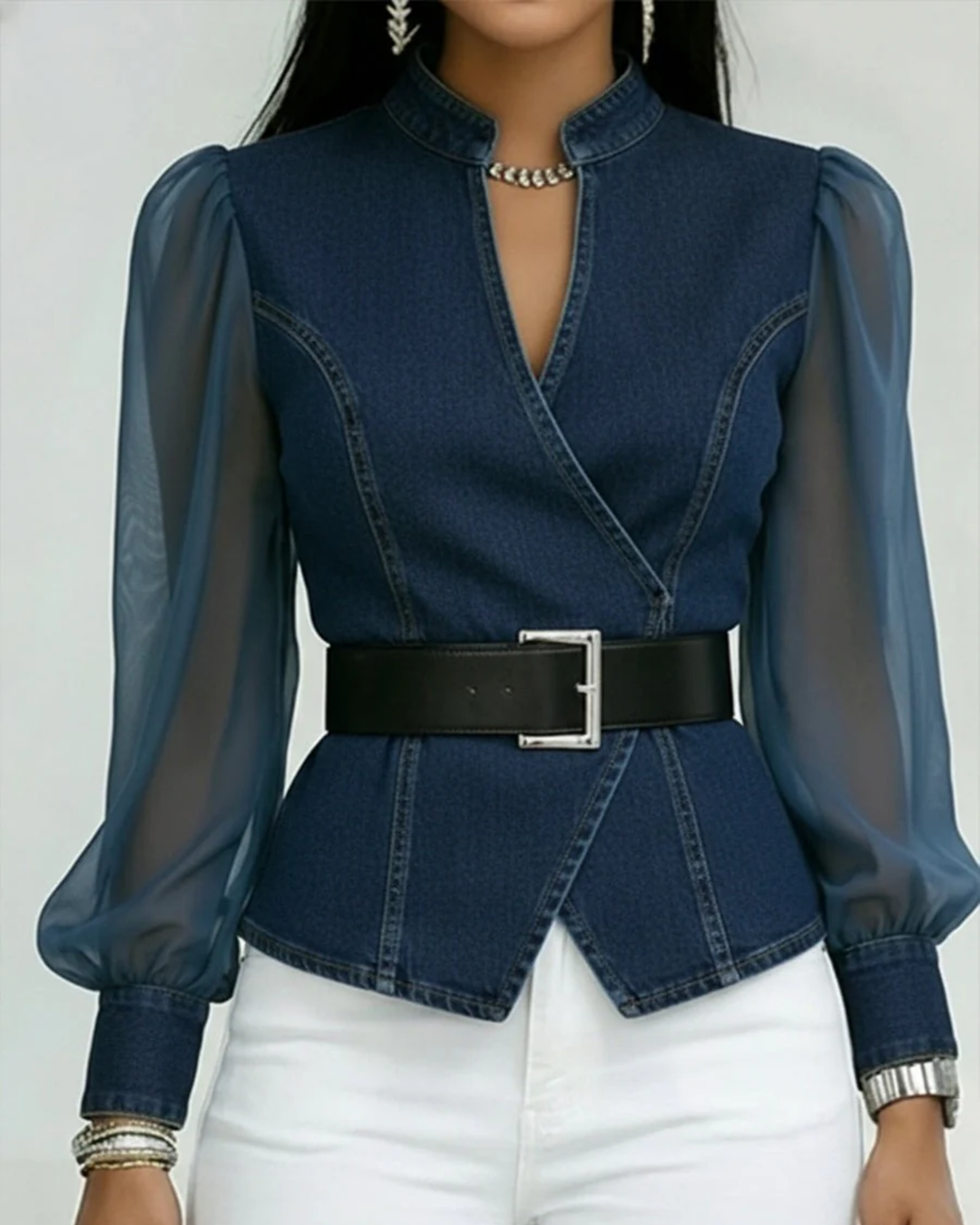 Vessa - Denim Top With Chiffon Sleeves
