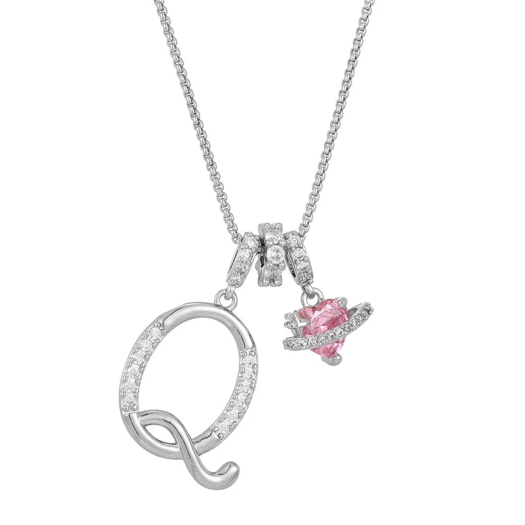 Nerute - Initial Letter Necklace With Pink Heart Charm