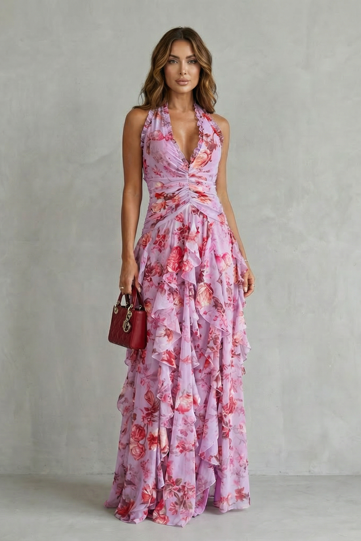 Eliora - Floral Cascade Halter Maxi Dress