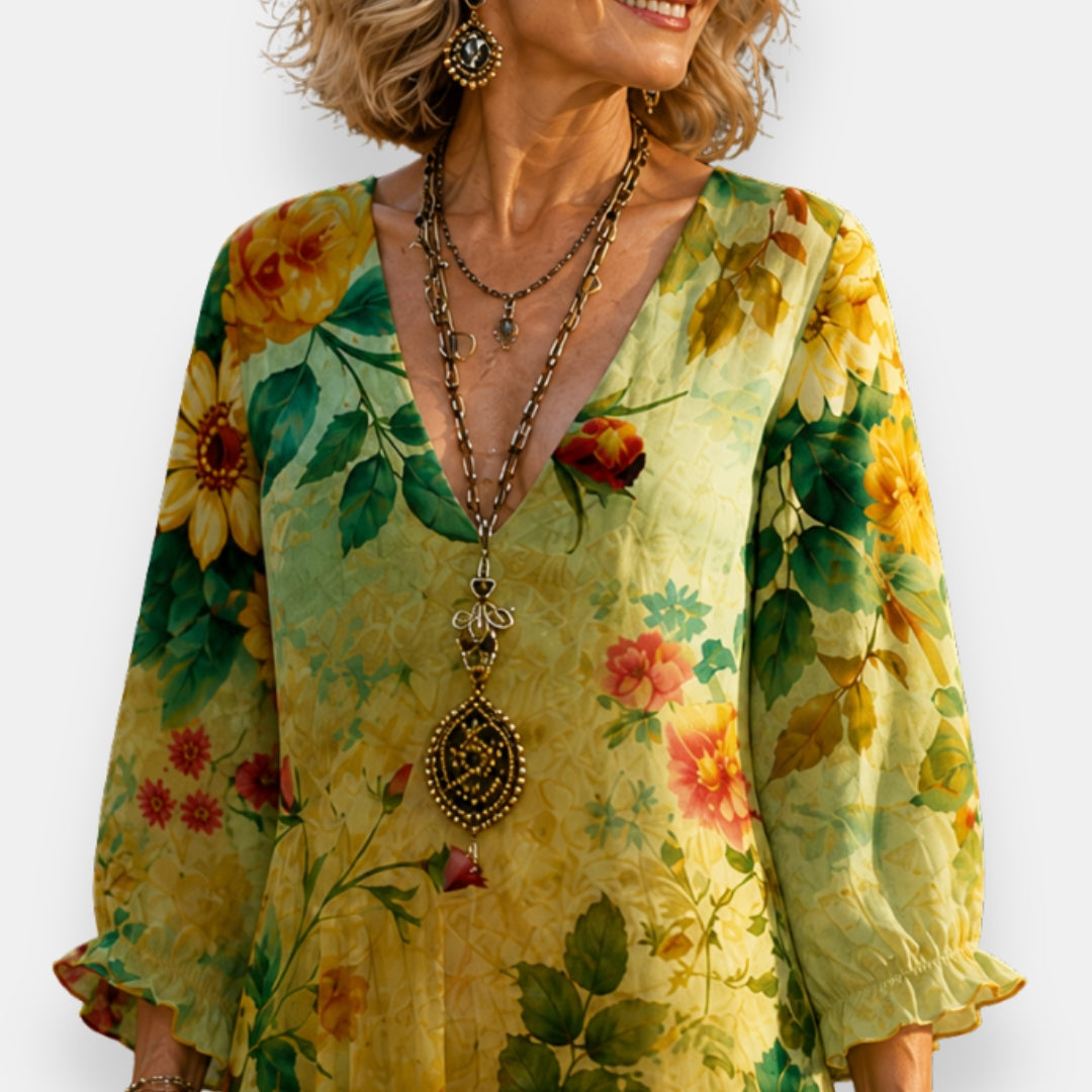 Emila - Flowy Floral Dress With V-neck