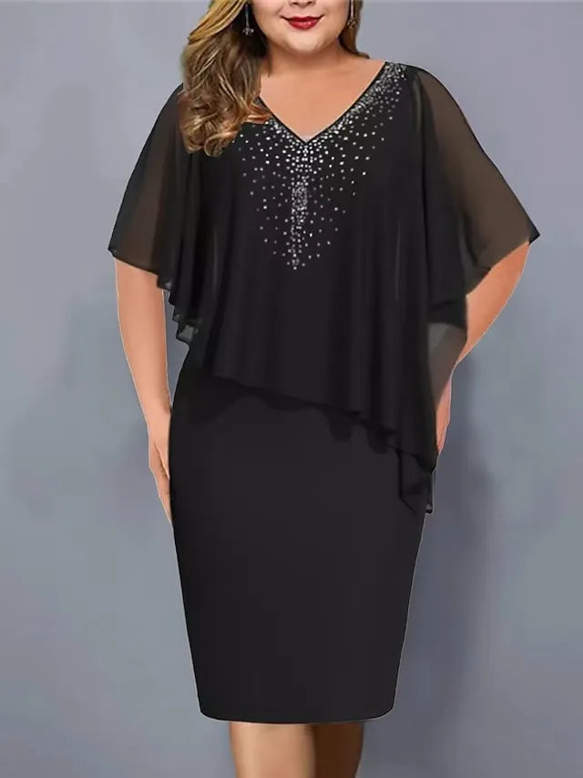 Yvaine - Rhinestone-Embellished Chiffon V-Neck Dress
