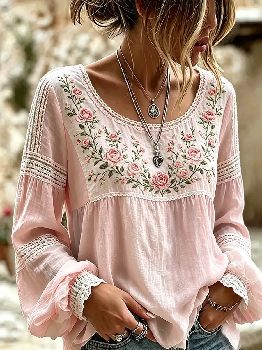 Esraa - Linen Blouse With Embroidered Floral Neck