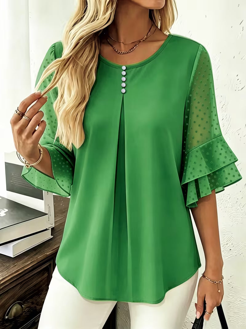 Hurley - Round Neck Blouse With Sheer Ruffle Sleeves
