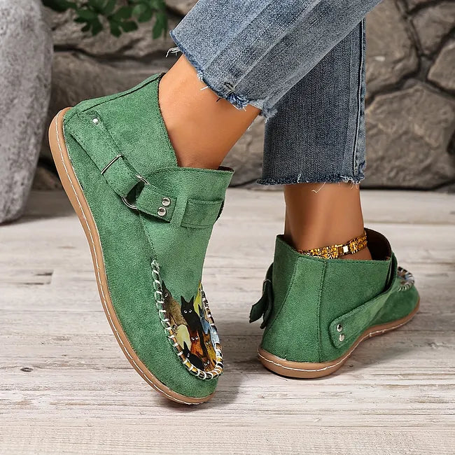 Corelle - Cat Print Flat Ankle Boots with Buckle