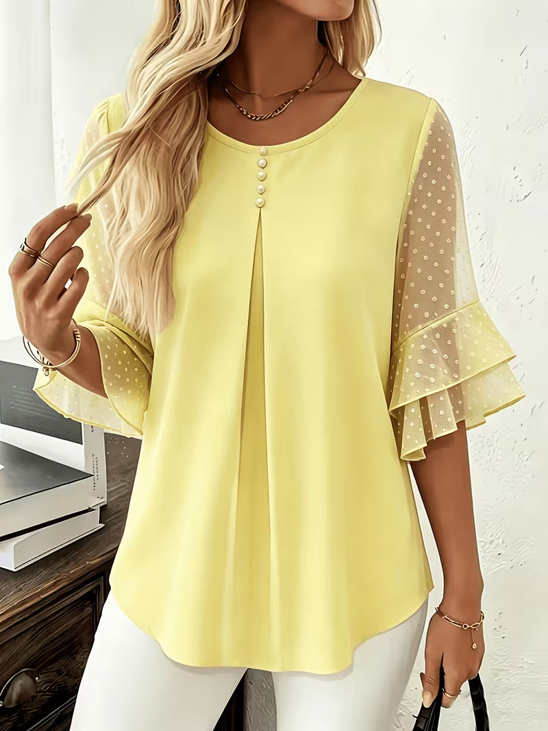 Hurley - Round Neck Blouse With Sheer Ruffle Sleeves