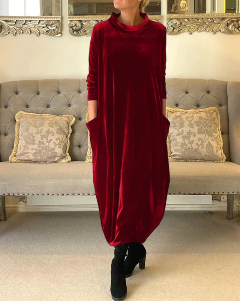 Layeena - Elegant Velvet Maxi Dress With Pockets