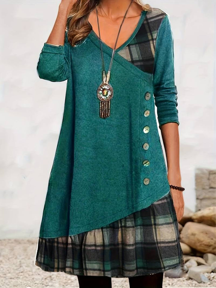 Alinor - Casual Plaid Patchwork Long Sleeve Dress