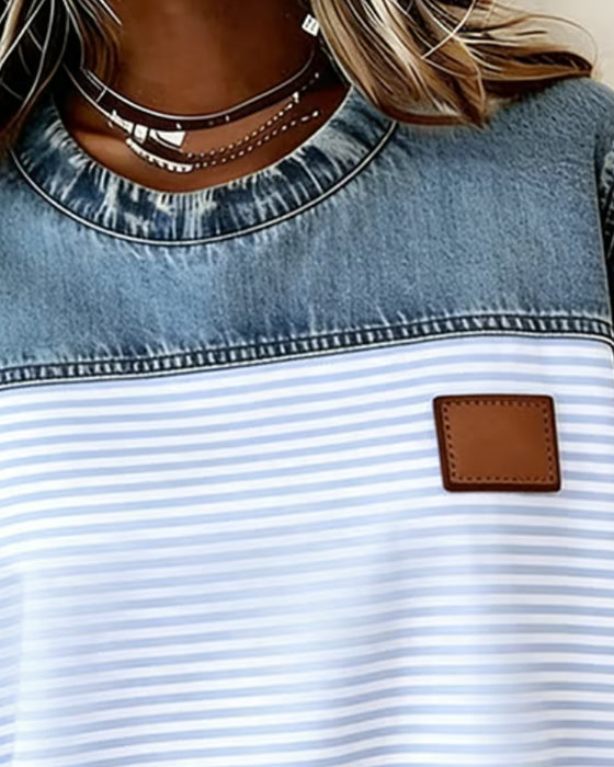 Tessie - Striped Panel Denim Blouse