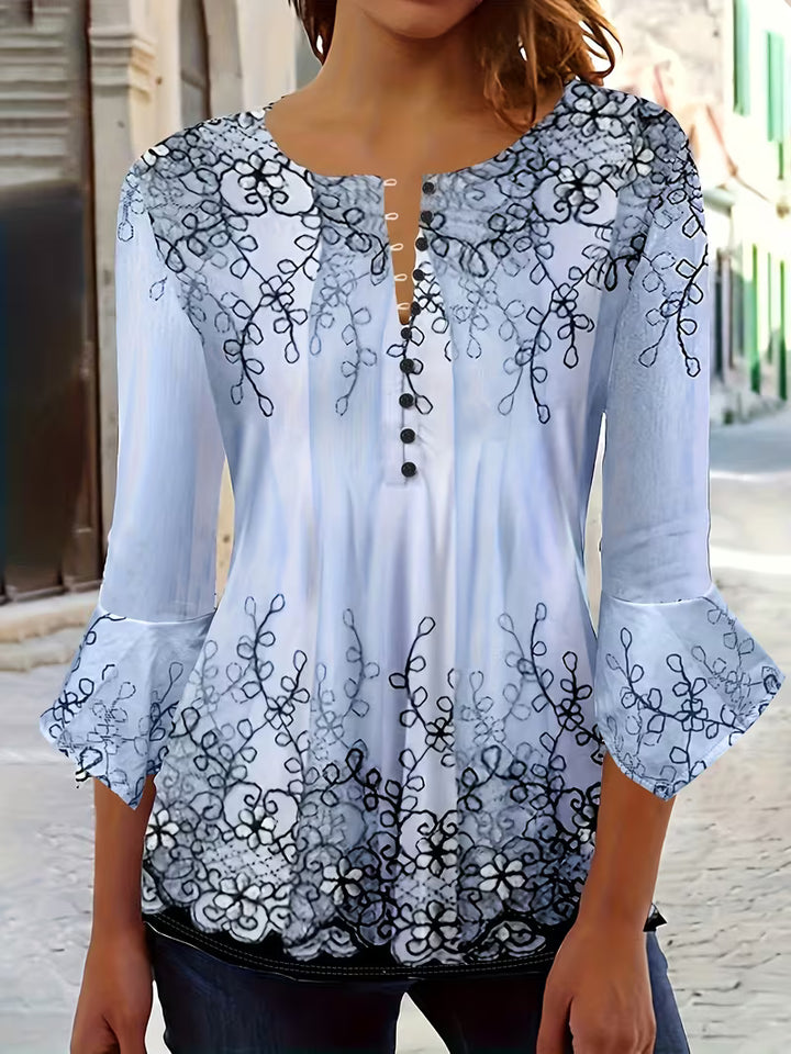 Mesley - Floral Print Ruffle Trim Half Sleeve Blouse