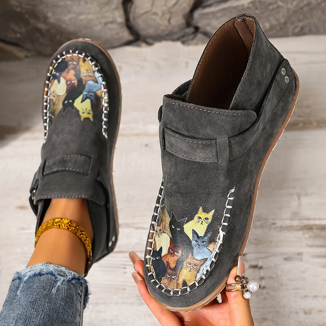 Corelle - Cat Print Flat Ankle Boots with Buckle