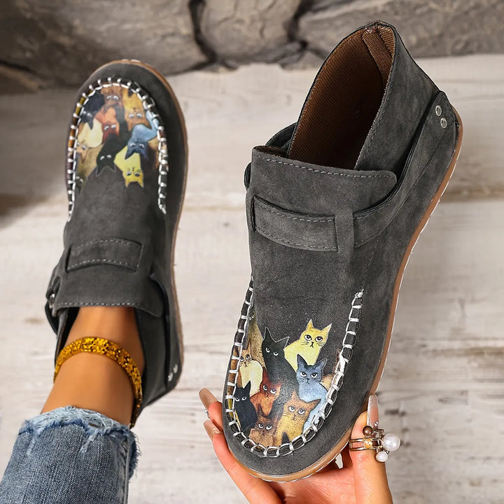 Corelle - Cat Print Flat Ankle Boots with Buckle