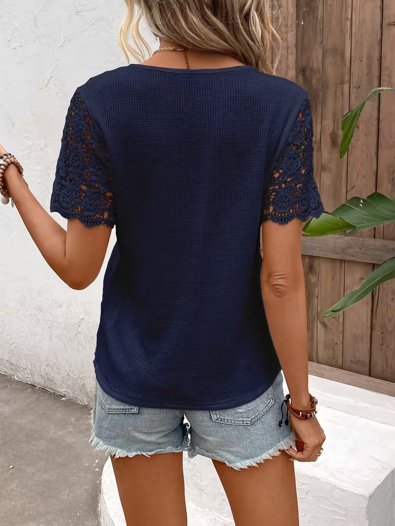 Sinna - Short Sleeve And V-neck Lace Panel Top